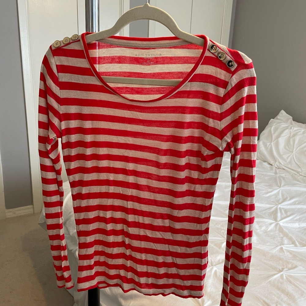 Ann Taylor Red and Taupe stripe fitted sweater